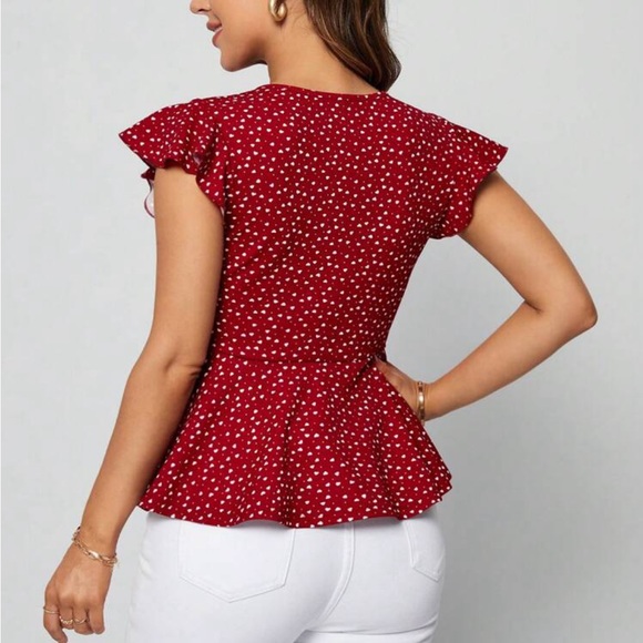 Red Heart Print Plunge V Neck Top Blouse Shirt - Picture 2 of 6